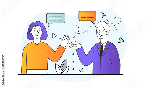 Young couple talking. Two friends chatting. Discussion of important issues. Communication between people. Man and woman together. Cartoon flat vector illustration isolated on white background