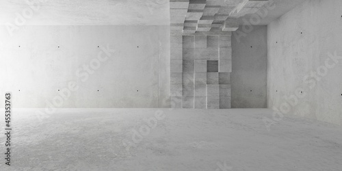 Abstract empty, modern concrete room with indirect lighting from left side wall, random offset cubes element and rough floor - industrial interior background template