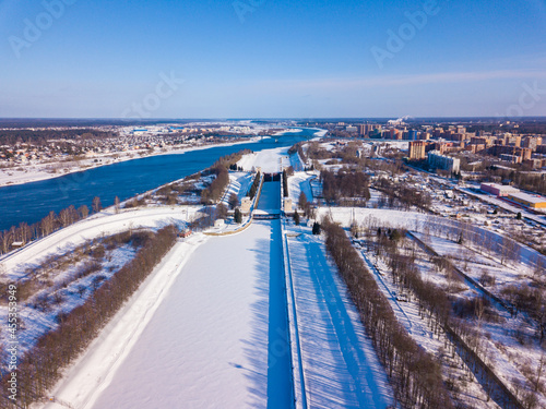 Aerial view to sluice on the chanel Moscow-Volga near Dubna town, Russia