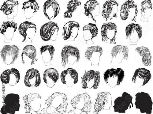 thirty six woman hairstyles isolated on white