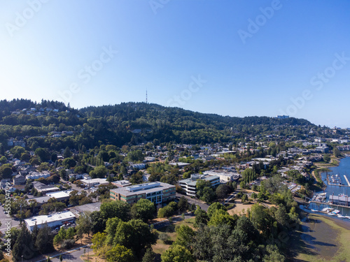 Small town among a lot of greenery. Many trees. In the distance you can see a large hill covered with greenery. Beauty of nature. Calm scenes. Blue cloudless sky. Aerial photograph.
