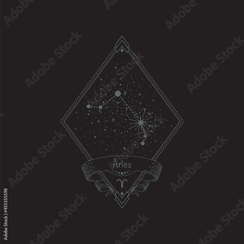 Sketch tattoo aries constellation with title in a retro frame. Vector linear isolated diamond-shaped astrological illustration with rhombus, star system, ribbon and zodiac sign for print