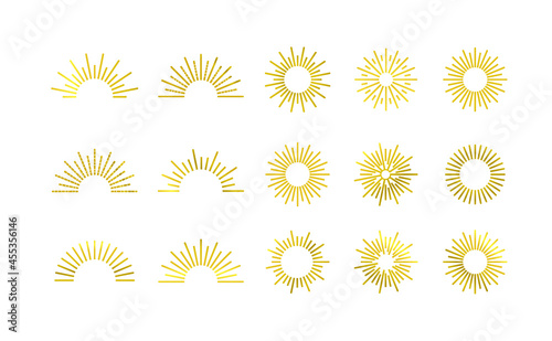 Vector retro rays set, golden colored illustration, design elements isolated on white background, vintage illustration.