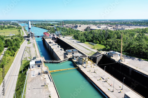 Aerial of a Lake Freighter entering lock in the Welland Canal, Canada photo