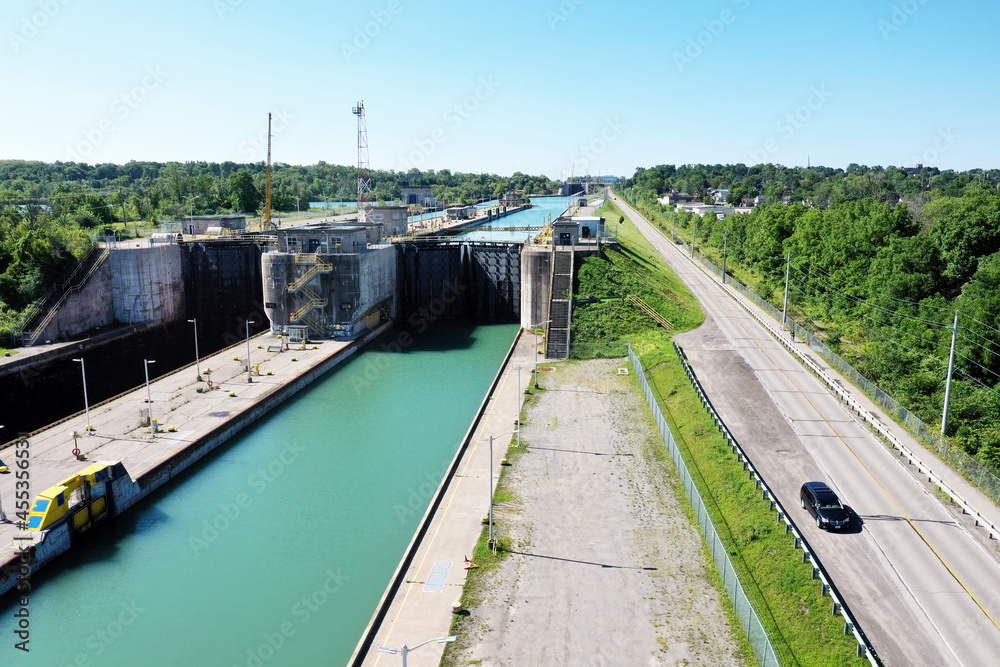 Aerial of a lock at the Welland Canal, Canada