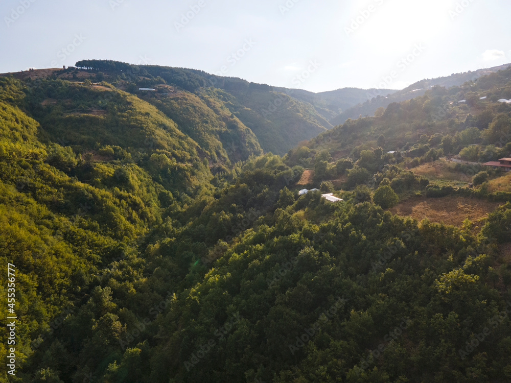 Obraz premium Aerial sunset view of Ograzhden Mountain, Bulgaria