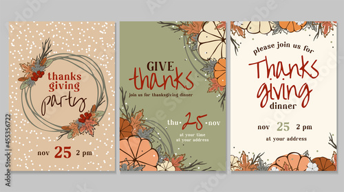 A set of postcards, posters, cards for Thanksgiving day 2023. Warm brown, beige, and orange shades are used. The leaves, pumpkins, inscription, cotton, branches are depicted