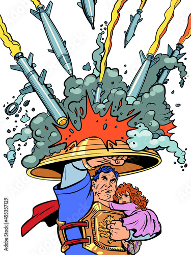 a superhero saves children. the anti-missile shield of Israel and other countries. Protecting civilians from terrorists