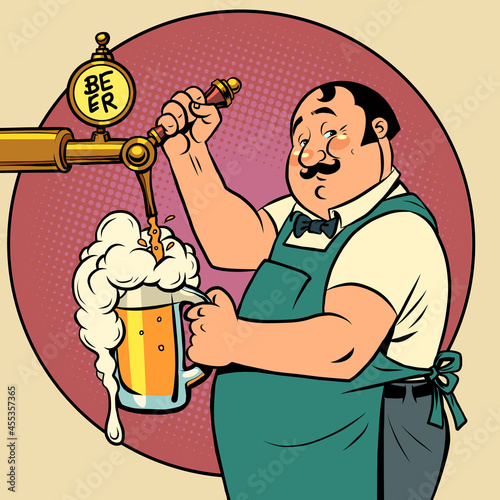 The bartender in the pub is pouring draft beer. Alcoholic beverage, beer restaurant