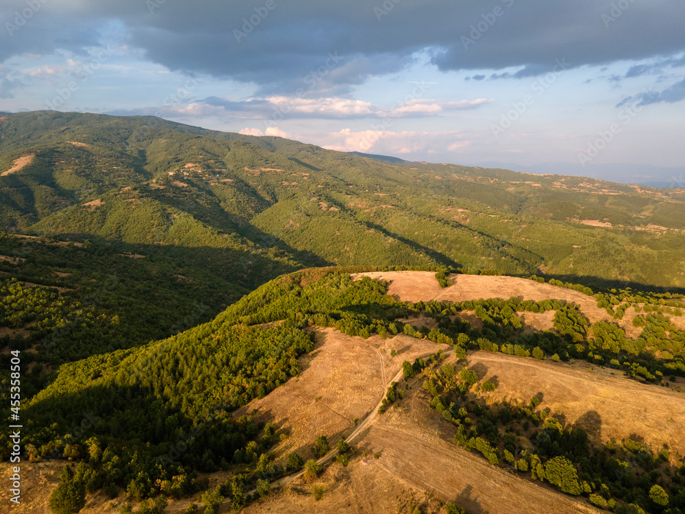Aerial sunset view of Ograzhden Mountain, Bulgaria