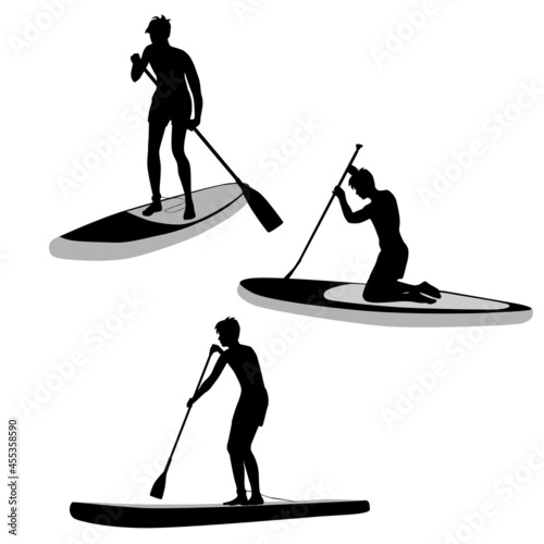 Set man  with SUP-BOARD stand-up padding. Paddle board beach man stand up on paddle board and learns surfing on water, silhouette, cartoon flat design, black and gray, isolated on white background
