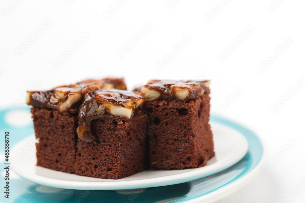 Delicious toffee cake on white background for bakery, food and eating concept Delicious toffee cake on white background for bakery, food and eating concept