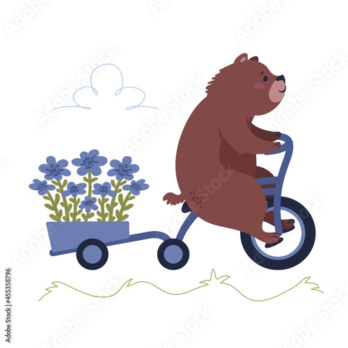 A bear on a tricycle carrying flowers in a bike trailer. Cute animal character vector illustration.