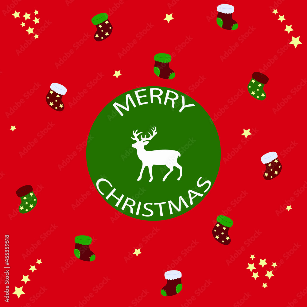Fototapeta premium card merry christmas with deer on the red background with socks 
