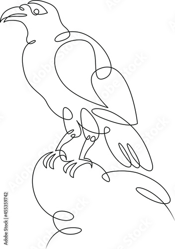 Raven bird logo. One continuous line.
Silhouette of a crow.
One continuous line drawing of logo isolated minimal illustration.