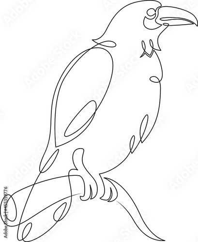 Raven bird logo. One continuous line.
Silhouette of a crow.
One continuous line drawing of logo isolated minimal illustration.