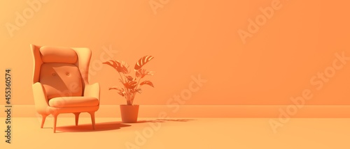 Relaxing chair with plant - Monochrome minimal theme - 3D render photo