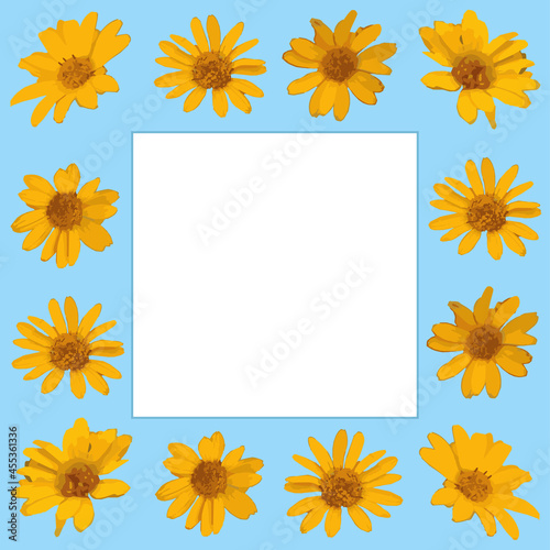 Frame with yellow flowers on blue background. Square template for social media posts, mobile applications, banner design, photo and online advertising. Vector illustration.