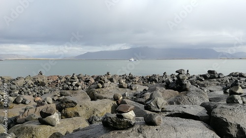 A pile of stones off the coast of the Atlantic Ocean, Iceland