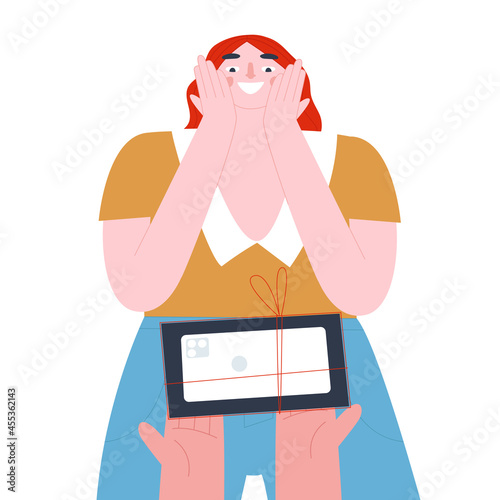 Hands hold out a box of phones to the girl. A surprised, joyful man. Flat vector.