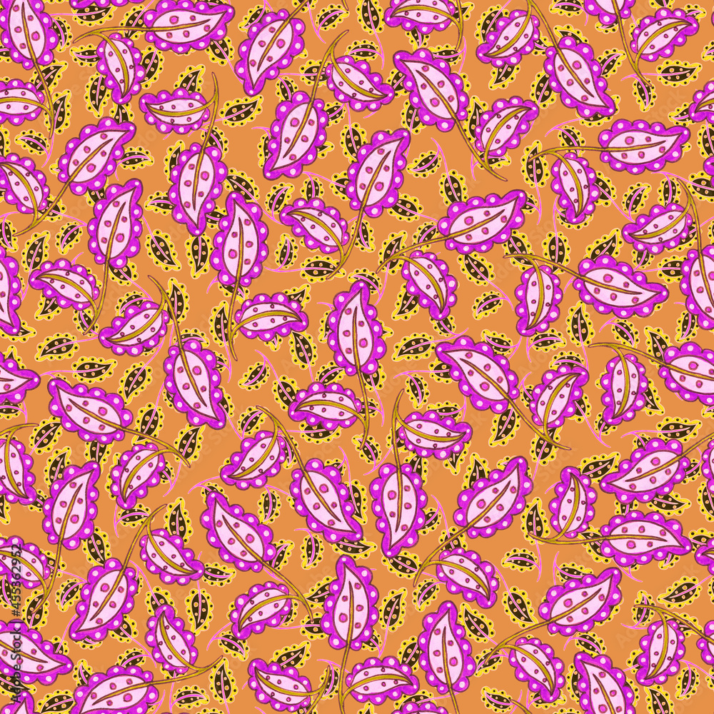 Watercolor seamless pattern with flowers and leaves in ethnic style. Floral decoration. Traditional paisley pattern. Textile design texture.Tribal ethnic vintage seamless pattern.	