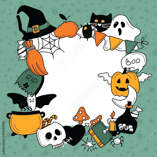 Square frame from bright cool elements for Halloween. Pumpkin, Skull, Ghost, Gravestone, Spider, Candy, Broom, Hat, Eye, Potion and more. Happy holiday. Great for postcards, advertising banners