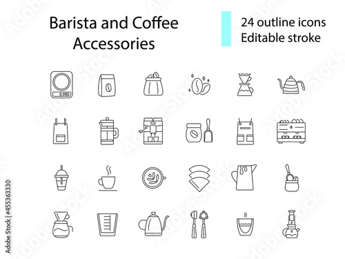 Professional barista accessories outline icons set. Drink making appliance.Editable stroke. Isolated vector illustration