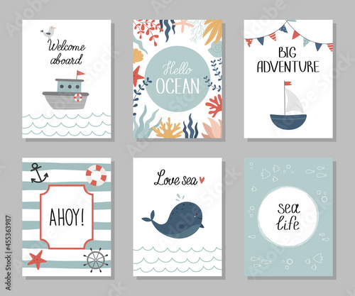 A set of nautical cards. Posters for the children's room, invitations to a party, greeting cards. Marine theme. Vector illustration