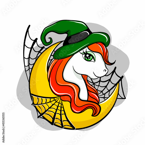 Cute vector cartoon unicorn witch and spider web, halloween character