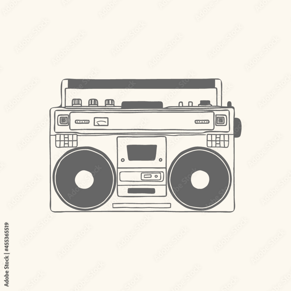 Retro Vintage Radio Music Tape Recorder Hand Drawn Illustration Drawing