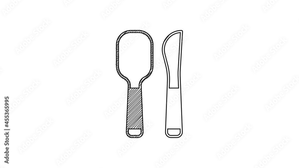 Black line Knife and spoon icon isolated on white background. Cooking utensil. Cutlery sign. 4K Video motion graphic animation Black line Knife and spoon icon isolated on white background. Cooking utensil. Cutlery sign. 4K Video motion graphic animation