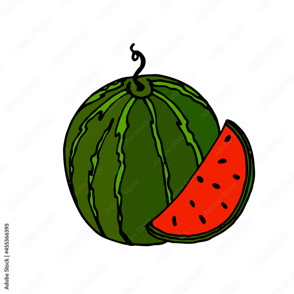 Red watermelon with a slice. Green peel and seeds. White isolated background. Vector illustration. Red watermelon with a slice. Green peel and seeds. White isolated background. Vector illustration.