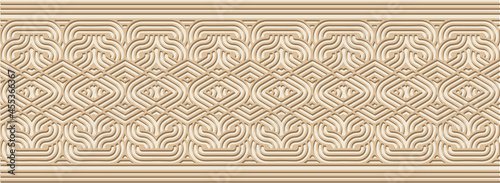 Geometric volumetric convex ethnic 3D pattern, embossed border, arabesque on a beige background. Oriental, Indonesian, Asian, Mexican, Aztec motives.