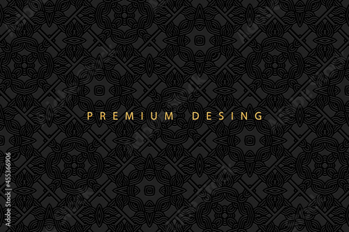 Geometric volumetric convex ethnic 3D pattern, cover design. Embossed vintage black background, doodling ornament, creative arabesque. Oriental, Indonesian, Asian, Mexican, Aztec motives.