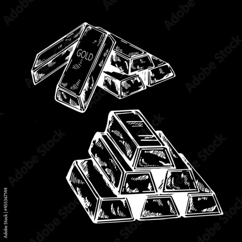 Hand drawn sketch style bars of gold isolated on black background. Vector illustration.