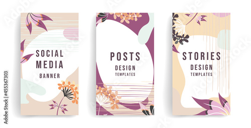 Vector template for social media posts, stories, banners, mobile apps, web and internet ads. Design from, abstract shapes, lines of flowers and leaves. Fashionable design concept, stylish color