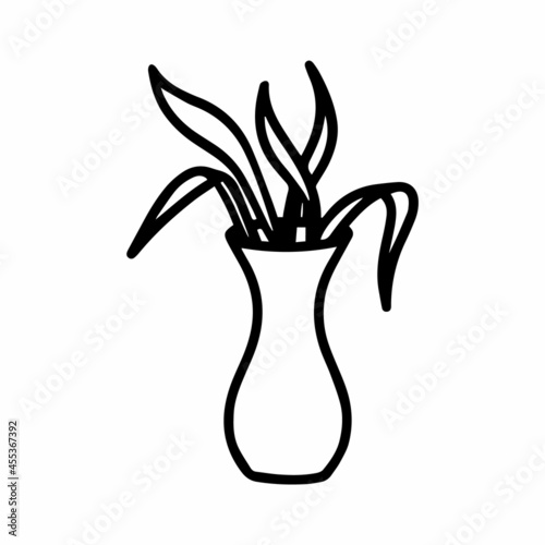 Floral vector flower in a pot and leaves in doodle style isolated on white background. Cute flower coloring illustration for seasonal design, textile, decoration kids playroom or greeting card.