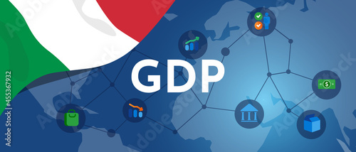 Italy GDP gross domestic product of Italian flag and map illustration country productivity