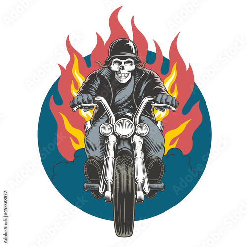 Skeleton ridind custom motorcycle. Zombie rider. Dead biker vector illustration. T-shirt or poster design.