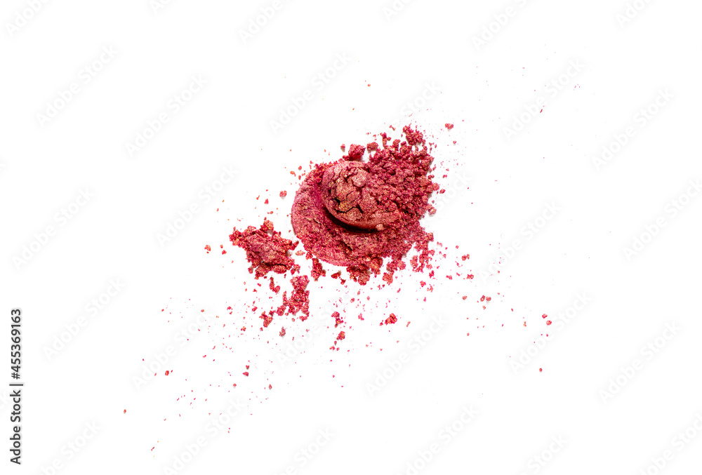 Peach and Gold colored pigment. Loose cosmetic powder. Coral eyeshadow pigment isolated on a white background, close-up.
