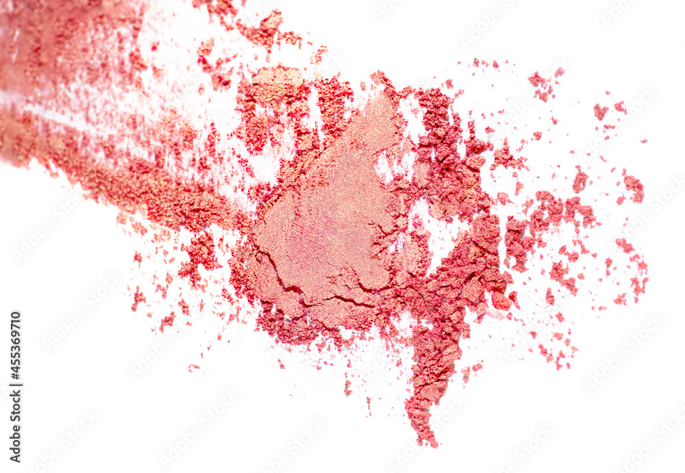 Peach and Gold colored pigment. Loose cosmetic powder. Coral eyeshadow pigment isolated on a white background, close-up Peach and Gold colored pigment. Loose cosmetic powder. Coral eyeshadow pigment isolated on a white background, close-up