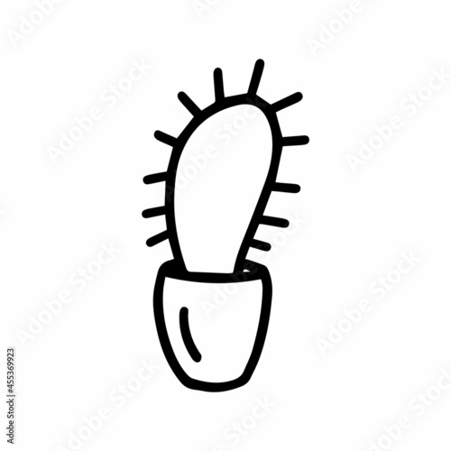Floral vector flower in a pot, a prickly Cactus in doodle style isolated on white background. Cute flower coloring illustration for seasonal design, textile, decoration kids playroom or greeting card.