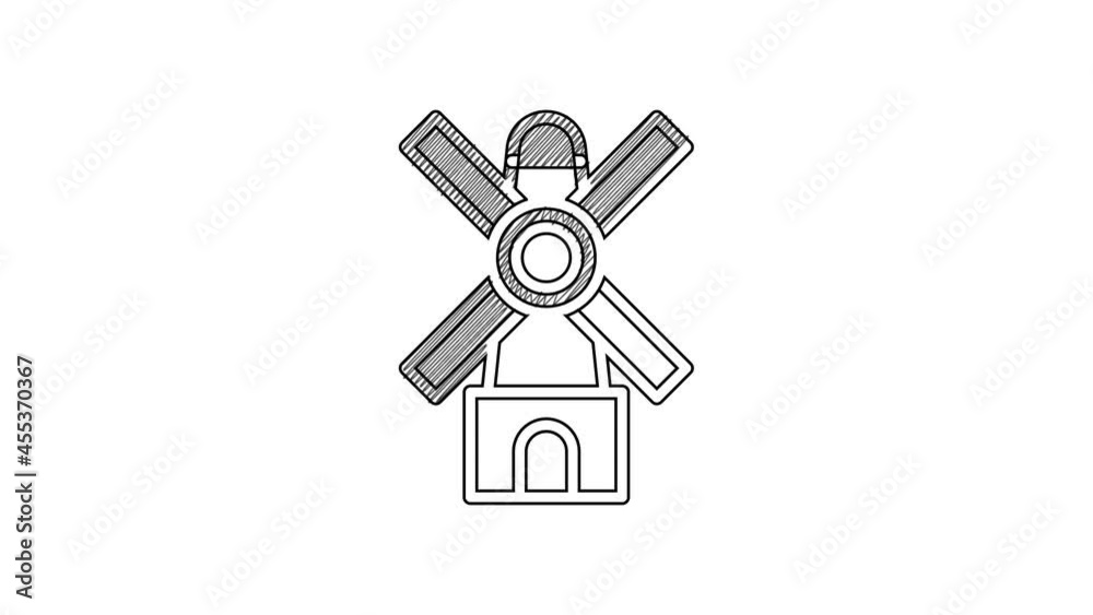 Black line Windmill icon isolated on white background. 4K Video motion graphic animation