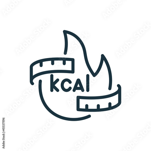Burn Calories Line Icon. Kcal, Flame, Tape Loss Weight Concept Linear Pictogram. Calory Burning Outline Icon. Editable Stroke. Isolated Vector Illustration
