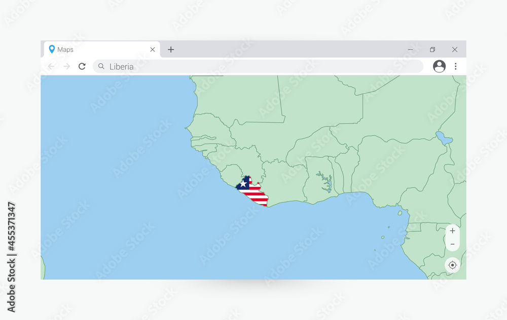 Browser window with map of Liberia, searching Liberia in internet. Browser window with map of Liberia, searching Liberia in internet.
