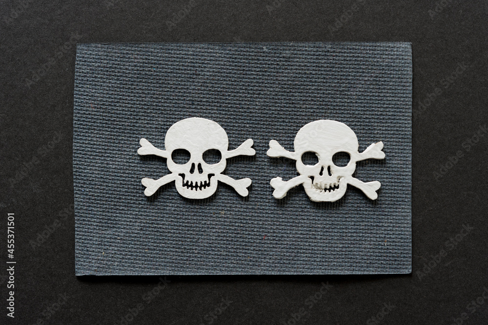 Obraz premium wooden skull and crossbones hand painted in white on textured gray paper