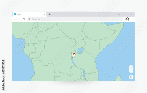 Browser window with map of Burundi  searching  Burundi in internet.