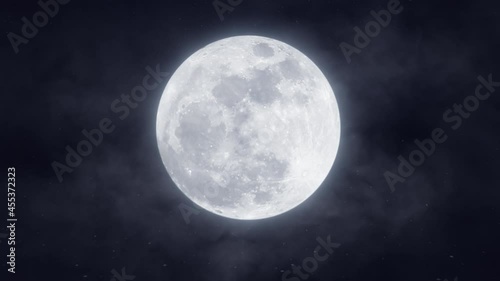Bright glowing full moon in the sky. Moving fog and clouds. Mystery Moonshine. Dark blue night, evening sky. Halloween mood. Seamless loop aerial clip. 3D render. 4K animation