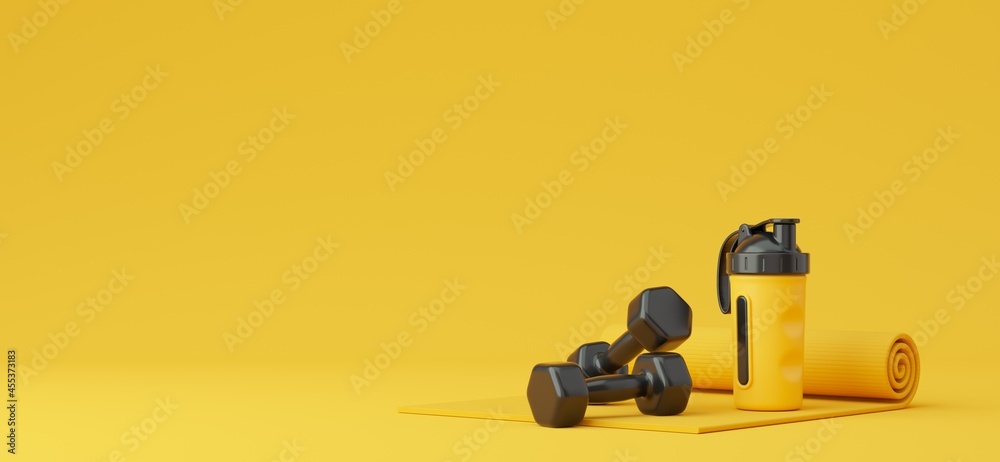 Yoga mat, dumbbells and sport bottle on yellow background. 3d rendered illustration. Yoga mat, dumbbells and sport bottle on yellow background. 3d rendered illustration.