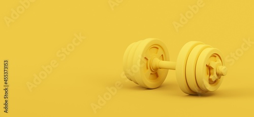 Yellow Dumbbell on yellow background. 3d rendered illustration.